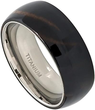 Noureda Sterling Silver Titanium Domed Ring With African Black Wood Inlay, Ring Width of 8MM