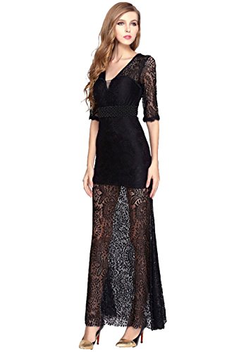 V.C.Formark Women's V Neck Lace Sleeves Beading Long Evening Party Prom Dress,Black,S