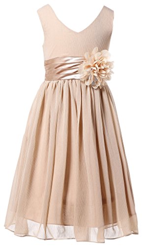 Bow Dream Flower Girl Dress Junior Bridesmaids V-Neckline Chiffon Champagne 14