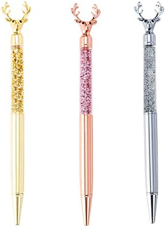 PASISIBICK Ballpoint Pen Christmas Gift,Deer Bling Dynamic Liquid Sand Pens with Black Ink,Rose Gold,Gold and Silver(3PCS)