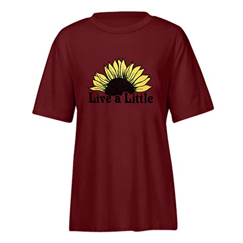 Womens T Shirt Live a Little Letter Print Short Sleeve Blouse Sunflower Funny Graphic Tee Tops Red