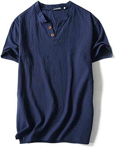 VANCOOG Mens Short Sleeve Henley V-Neck Linen and Cotton t-Shirt with Button