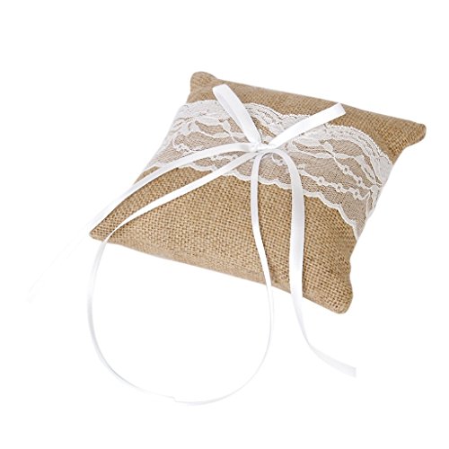 Adeeing Wedding Ring Pillow Burlap Lace Vintage Ring Bearer Jewelry Pillow Cushion,6 x 6 Inch - Thumbnail 3