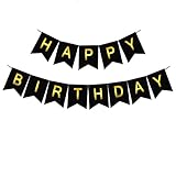 Threemart Black Happy Birthday Decorations Bunting Banner with Shimmering Gold Letters - 21st - 30th - 40th - 50th Birthday Party Supplies