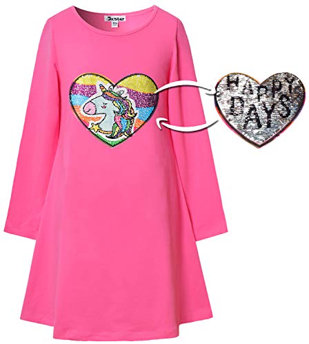 Girl Unicorn Sequin Dress Rainbow Reversible Pink Cotton Kid Long Sleeve 7-16