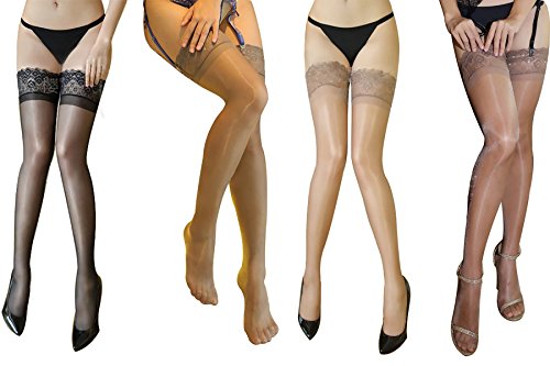 Rose Sakura ultra thin sheer sexy lace top shiny thigh high stockings 4 PAIRS pack by Jetsan (black grey nude coffee)