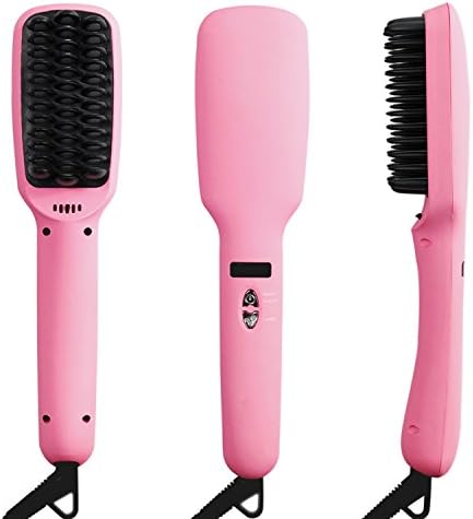 Hair Straightener Brush, 2 in 1 Ionic PTC Ceramic Heating Hair Faster Straightening Brush Adjustable Temperature Display, 5 Levels of Temperature Control