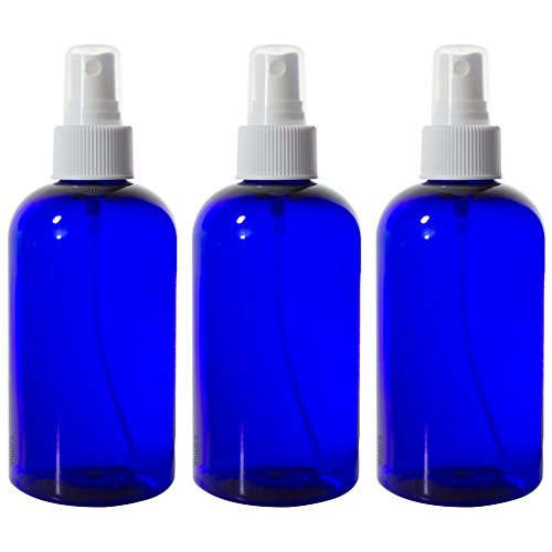Cobalt Blue 8 oz Boston Round PET (BPA Free) with White Fine Mist Sprayer (3 pack) + Labels