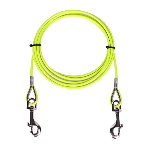 AMOFY 10ft Dog Tie Out Cable - Galvanized Steel Wire Rope with PVC Coating for Small to Medium Pets Up to 60 lbs Yellow Green
