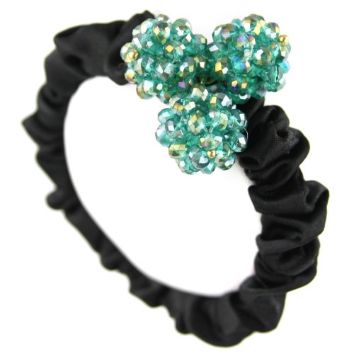 Elegant Shimmery Bead Silky Satin Hair Elastic - Scrunchie Pom Hair Tie - Teal Blue & Black