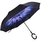Marino Inverted Umbrella - Reverse Folding Inside Out Upside Down Umbrella - Rain Unbreakable Windproof Umbrella - UV Protection - Blue Daisy