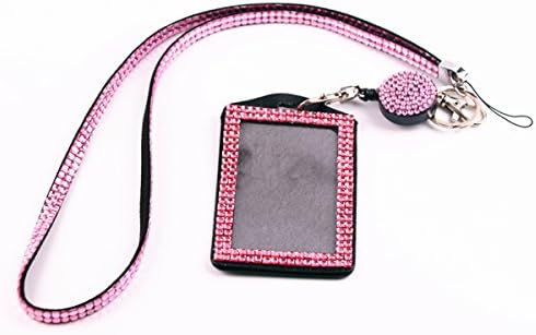 QIDUN Girl Badge Holder Rhinestone Lanyard Bling Crystal Necklace Badge Card Holder for Business Id/Key/Cell Phone (Pink)