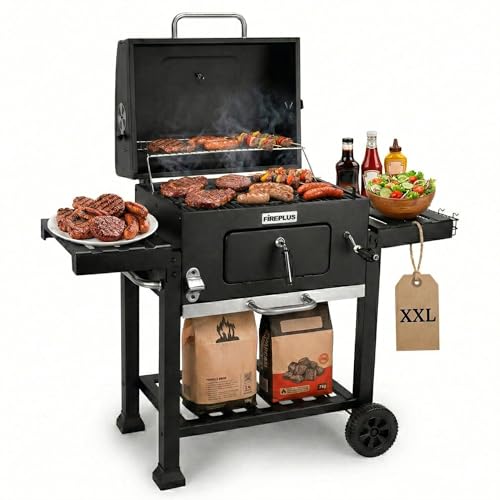 - Barbacoa Fireplus de Carbón XXL - Parrilla de Acero 57x42cm - Con Ruedas y Bandejas Laterales - Asador Transportable Grande - Depósito para Ceniza - 131x116,5x56cm