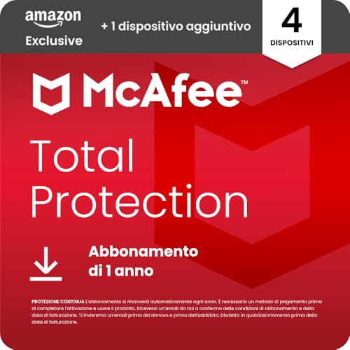 McAfee Total Protection - 4 più 1 Dispositiv aggiuntivo 2026 | Antivirus, VPN gestore delle password, software di sicurezza,| Abbonamento di 1 anno con rinnovo automatico, Scarica