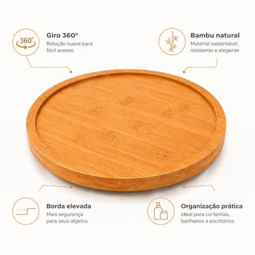 Bandeja de Bambu Redonda Giratória 360° Multiuso 26Cm para Servir Petiscos, Queijos e Frios