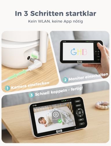 GHB Baby Monitor with Camera 5 Inch 720P HD Display with up to 168 Hours Battery Life in VOX Sleep Mode Split Screen Display Night Vision 4X Zoom Swivelling