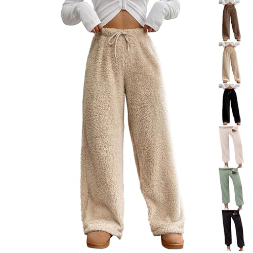 Cocila Fleece Lounge Pants Women Winter Plush Fluffy Pants Comfy Soft Warm Fleece Loungewear Loose Plush Thermal Lightweight Casual Solid Color Sleepwear Bottoms Oversized Khaki S