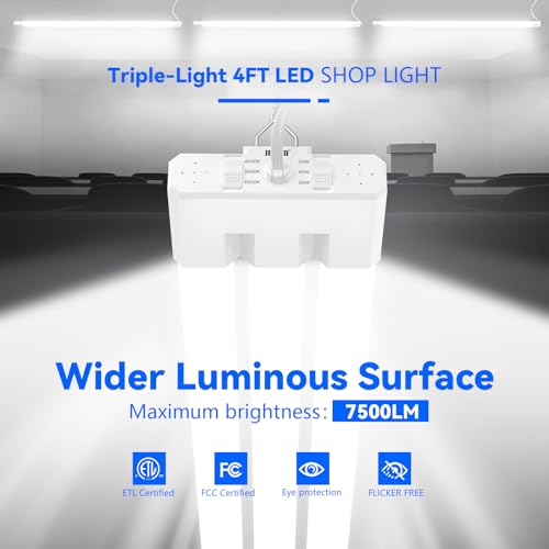 JESLED Linkable LED Shop Light for Garage, 4FT, 7500LM, Adjustable Power 30W/40W/50W, 3CCT 4000K/5000K/6500K, Plug-in Linear Worklight for Workshop, Hang or Flush Mount, ETL, EMC, FCC, White, 4-Pack