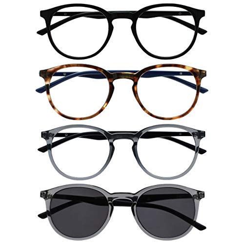 OPULIZE MET Reading Glasses and Reading SunGlasses for Women Men, Round Frame, Black,Brown,Grey,Grey Sun +1 (Pack of 4)