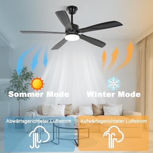 Homefire Ceiling Fan with Silent Lighting – Dimmable LED 23 W Black Ceiling Lamp with Fan and Remote Control 125 cm 6 – Timer for Bedroom Kitchen