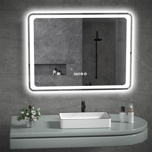 HALMAN Espejo Led para Baño,80 * 61CM Espejos de Pared Rectangular, Espejo Sin Marco con Iluminación de 3 Colores, Antivaho, Brillo Ajustable, Pantalla de Tiempo y Temperatura, Colgante Horizontal