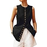 EZAPINE Women Cotton Linen Vest Summer Long Lightweight Button Down Sleeveless Casual Tank Tops with Drawstring