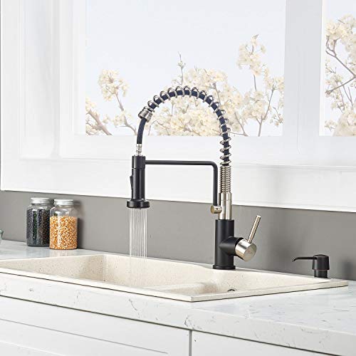 Friho Lead-Free Commercial Brushed Nickel & Matte Black Stainless Steel Single Handle Single Lever Pull Out Spring Bar Sink Kitchen Faucet, Kitchen Sink Faucets with Pull Down Sprayer - Thumbnail 3