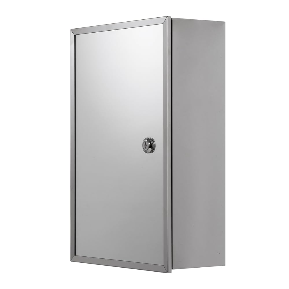 Croydex Trent Bathroom Wall Cabinet with Lock and Key - Mirrored Door Stainless Steel Medicine Cabinet with Fixed Internal Shelf, Includes Fixings and Keys, Pre-assembled (40x25cm)