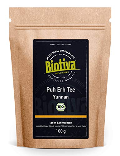Puh Erh Tee Bio 100g - Schwarztee - Region Yunnan in China - Camellia Sinensis - dunkelbraune bis dunkelrote Tasse - aus kontrolliert biologischem Anbau - Biotiva