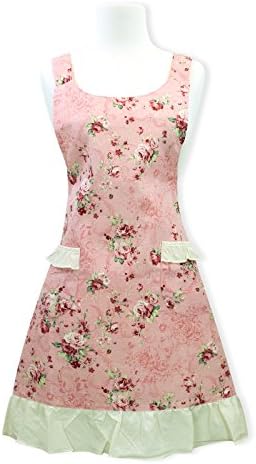 Home Bene, Roseberry, Cute H-back Kitchen Apron for Women, Cooking Apron Gorgeous Pink Rose Pattern, Waist Ties, Two side Pockets Ruffle Lining, Cooking, Baking, Barbecuing Pink