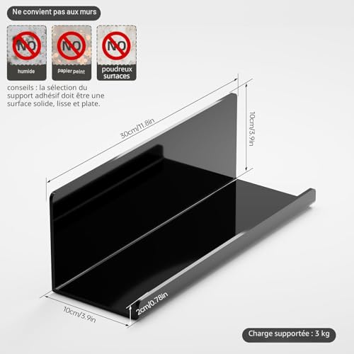 Toski Set of 2 Black Acrylic Wall Shelves No Drilling 30cm Self Adhesive Kitchen Floating Photo Wall Shelf Bathroom Adhesive