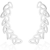Leaf Climber Earrings Feather Crawler Wrap Bohemian Jewelry (Silver)