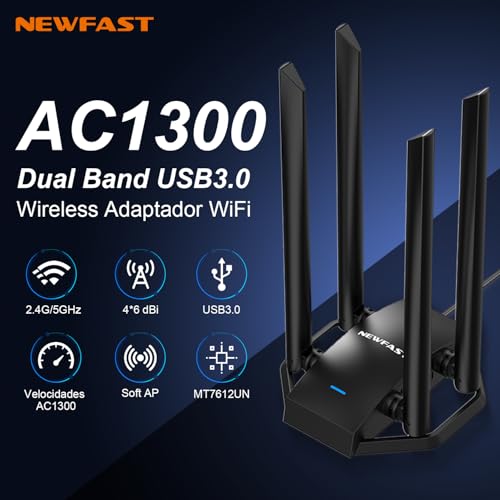 NEWFAST USB WiFi Adapter for PC, 4 x 6dBi High Gain Antenna, AC1300 Dual Band 5GHz&2.4GHz USB WiFi Antenna for PC Compatible Windows XP/7/8/8.1/10/11