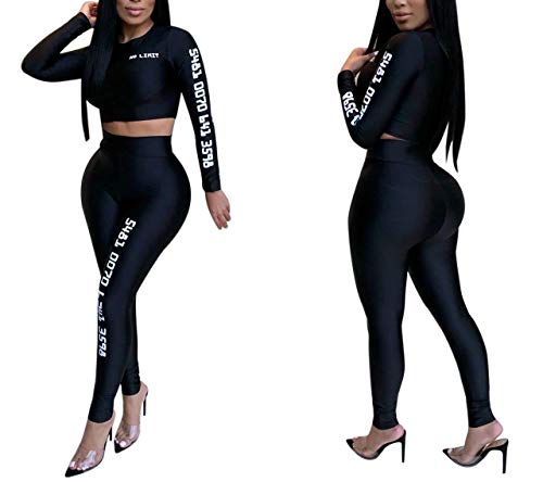 Women Sexy Long Sleeve Letter Print Crop Tops High Waist Leggings 2 Piece Bodycon Set Casual Outfit Tracksuit - Thumbnail 2