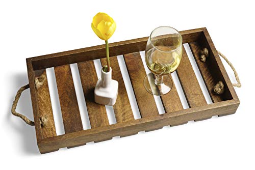 GoCraft Mango Wood Tray with Rope Handles | Serveware Kitchen Accessories Breakfast Tray, Size - 15.5" X 8" [CC0212-CG] - Thumbnail 3
