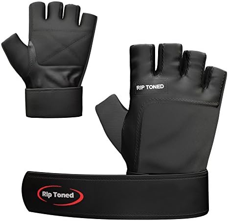 Weight Lifting Gloves by Rip Toned - Built In Wrist Wraps - Authentic Leather - Safety Support for Men and Women - Xfit Powerlifting Strength Training - Bonus Ebook Full Black Large