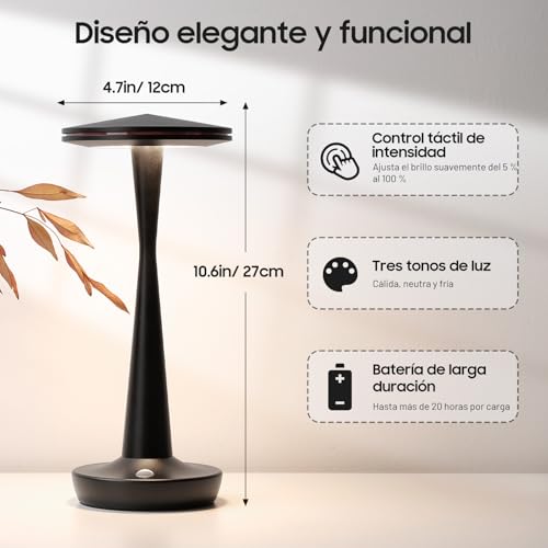 HYMZP Lámpara de Mesa LED Inalámbrica Recargable 6000mAh, 3 Temperaturas de Color y Regulación Táctil Continua, IP54 Impermeable, Diseño Moderno con Memoria, para Interior y Exterior (Negro)