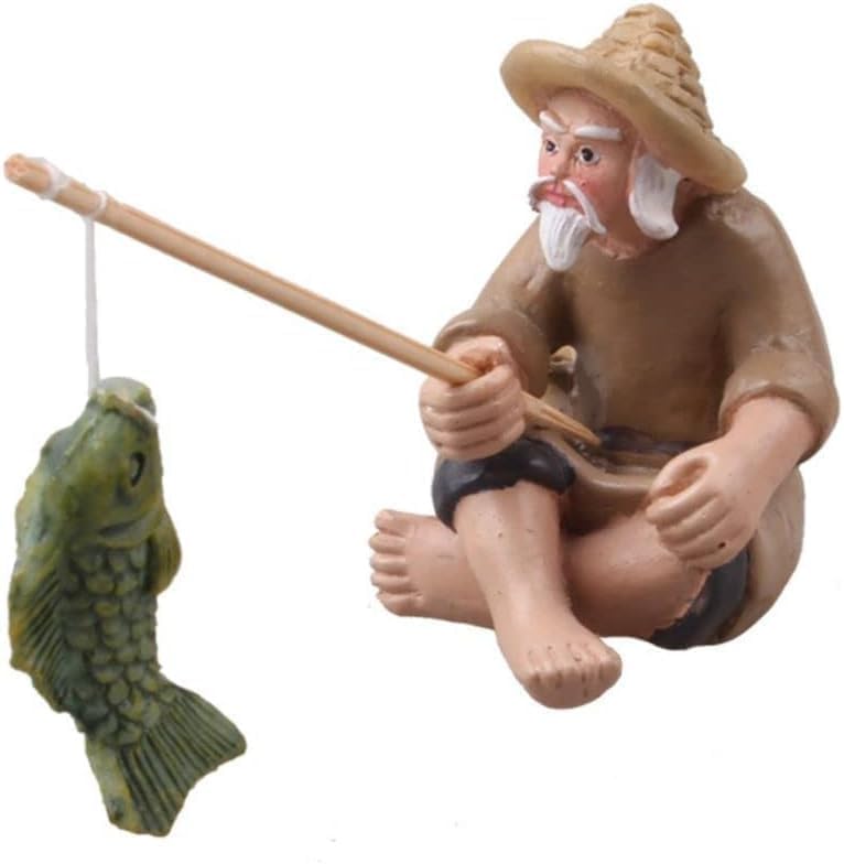 View 1 of 1Pc Miniature Fisherman Figurines,Fishing Old Man Ornament Chinese Mudman Sitting Garden Statue Ornament Garden Deco