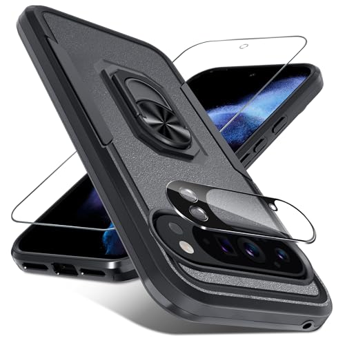 for Google Pixel 10/10 Pro Case with Screen Protector + Camera Lens Protector,Heavy Duty Shockproof Full Body Protective Cover Built in Rotatable Metal Ring Holder Kickstand,2025 Black Matte
