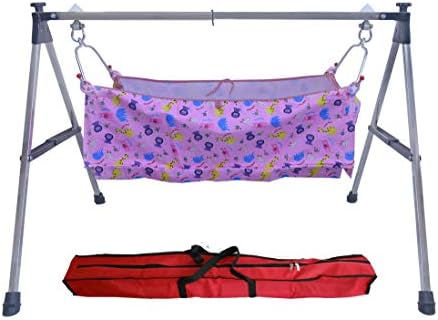 Stainless Steel Indian ghodiyu/Palna Rocking Baby Cradle Bassinet Crib for Newborns and Infants with Two Hammock, Washable Fabric and Anti Skid Base