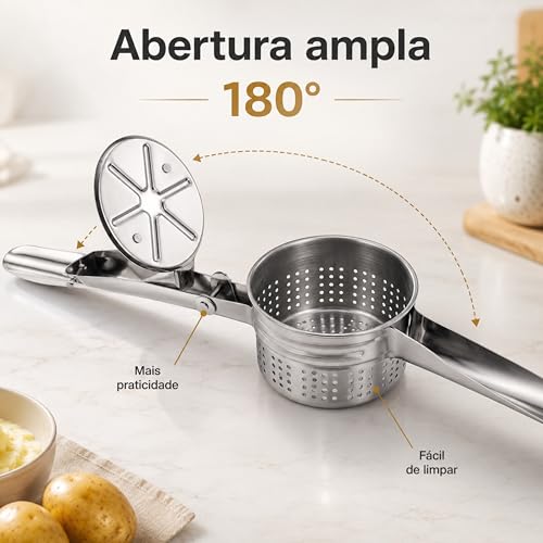 Espremedor de Batata Inox Manual Profissional – Amassador de Batatas e Legumes, Ideal para Purê, Nhoque e Cozinha - Utensílio de Cozinha em Aço Inoxidável