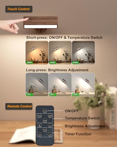 DetarZinLED Wall Lamp for Battery with Remote Control, Applique Ricaricabile da Parete, Adjustable Wall Lamp, Lampada da Parete Senza Fili con 3 Temperature di Colore per Camera, Lampada da Lettura