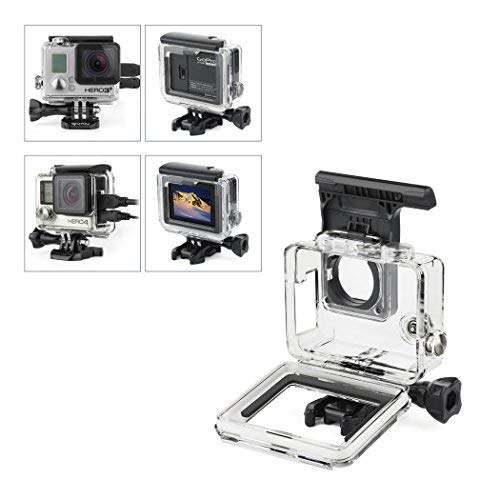 Side Open Protective Skeleton Housing Case with LCD Touch Backdoor and BacPac Backdoor for Extended LCD Screen or Expansion Battery - Compatible with GoPro Hero 4, 3, and 3+ - Transparent Clear