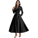 Dvdci Satin Long Sleeve Mother of The Bride Dresses with Pockets A-Line V Neck Flower Formal Evening Gown