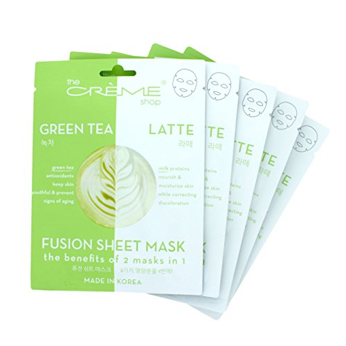 The Crème Shop - Fusion Full Face Masks, Korean Facial Skin Care and Moisturizer - Hyaluronic Acid, Green Tea, Latte for Hydrating, Whitening, Pore Acne Treatment Natural Beauty Essence - 5 Sheets Set