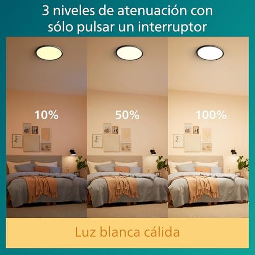- Luz de teto Philips Superslim, candeeiro de teto LED funcional, cor preta, luz branca quente regulável, 27K - 18W