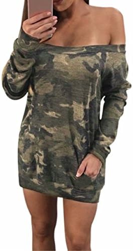 Women Camouflage Off Shoulder Long Sleeve Club Party Package Hip Mini Dress