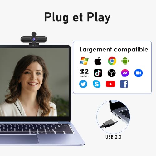 VIZOLINK W4DS PRO Webcam 4K Pour PC, 30FPS UHD, Autofocus Réduction de Bruit Plug Play Couvercle de Confidentialité Compatible Zoom/Teams/Switch2/PC/Mac/Linux Pour Visioconférence, Streaming et Gaming