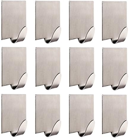 Neele 12PCS Self Adhesive Hook 3M Brushed 304 Stainless Steel Heavy Duty Coat Towel Hook for Bathroom Kitchen Toilet (Square)