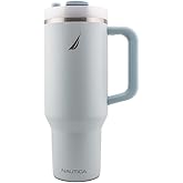 Nautica 40 oz Large Insulated Tumbler with Handle & Straw with screw on cap, Reusable Water Bottle Stainless Steel Travel Mug for Hot Cold or Iced Drink, BPA-Free, Fits Car Cup Holders (Light Blue)